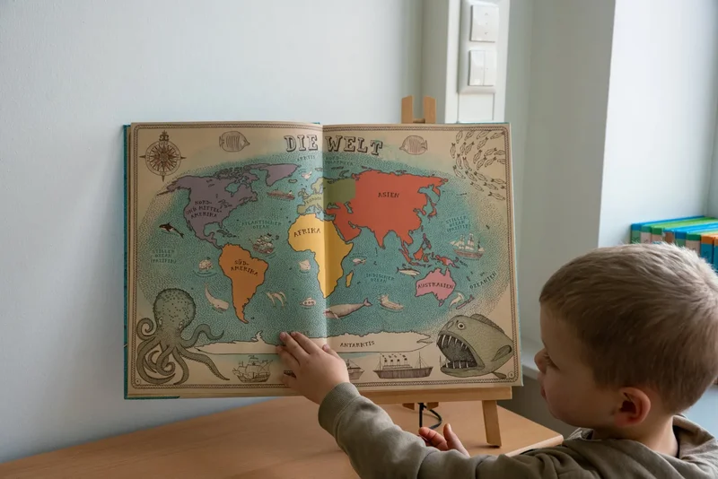 Ein Kind betrachtet eine Weltkarte in einem Sachbuch.